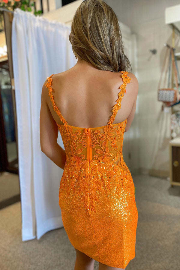 Luolandi Bodycon V Neck Orange Sequins Short Homecoming Dress with Appliques Sexy Party Dress