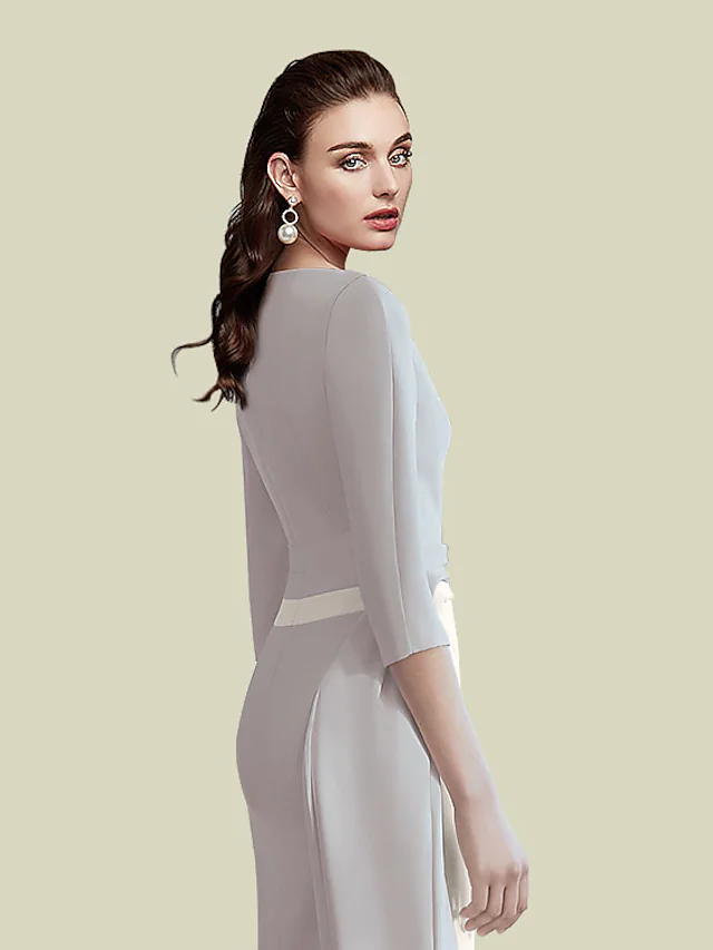 Luolandi Mother of the Bride Dress Elegant Jewel Neck Tea Length Italy Satin Half Sleeve with Ruching Light gray