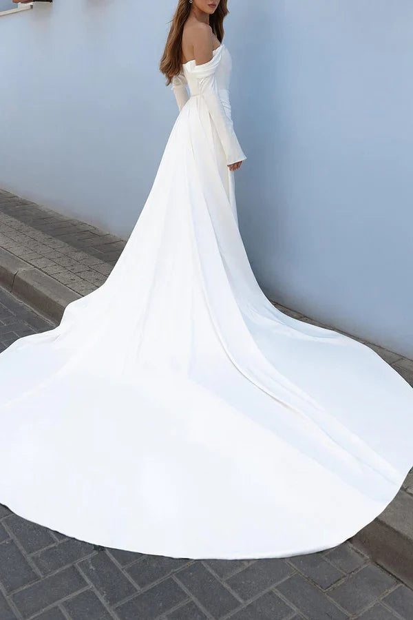 Luolandi Off the shoulder long sleeved empire pleated side slit wedding dress Sexy