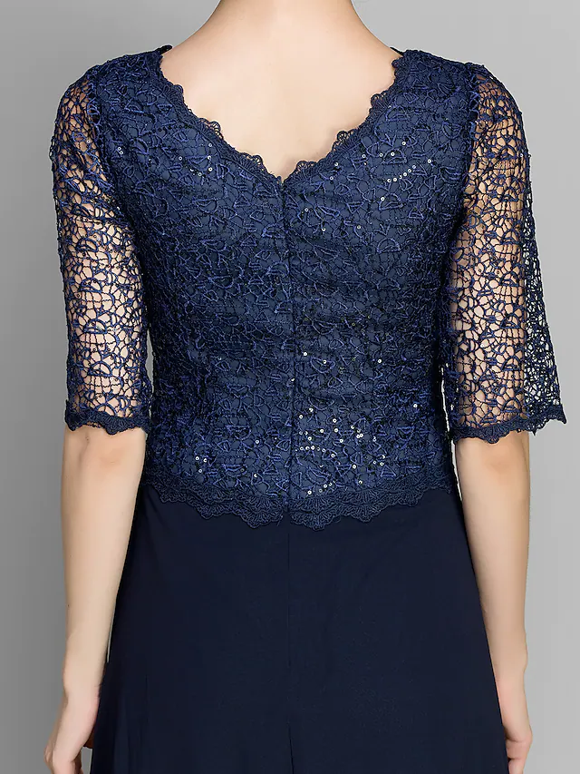 Luolandi Mother of the Bride Dress See Through Jewel Neck Ankle Length Chiffon Half Sleeve with Lace