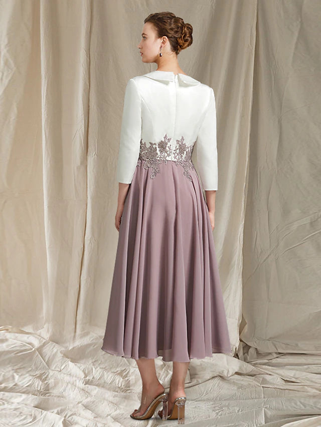 Luolandi A-Line Mother of the Bride Dress Elegant Scoop Neck Tea Length Chiffon Satin Lace 3/4 Length Sleeve with Pleats Appliques