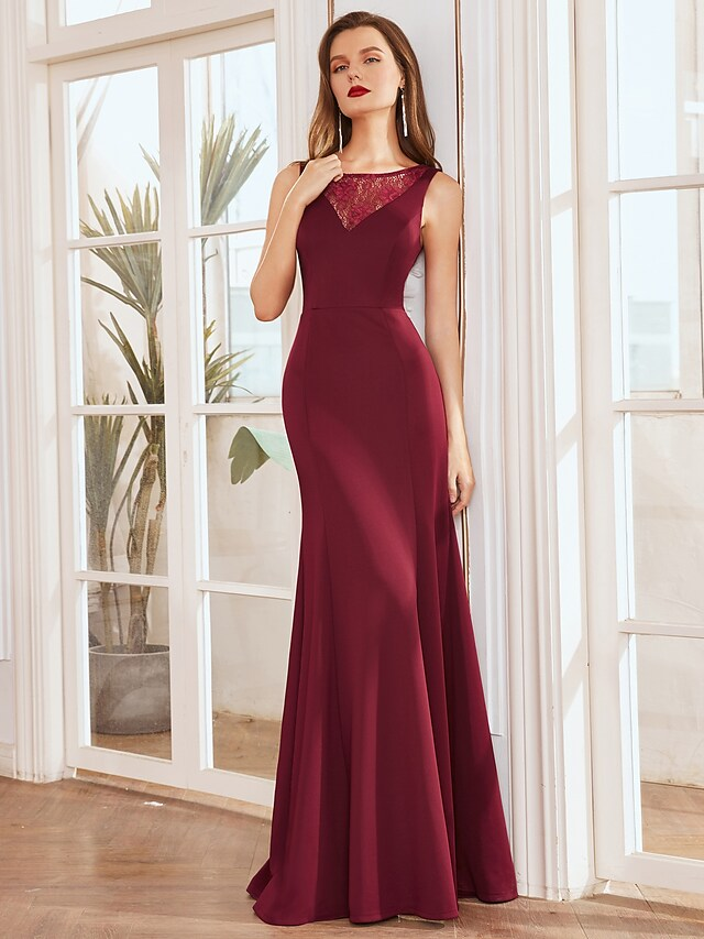 Luolandi Mother of the Bride Dress Elegant V Neck Floor Length Satin Sleeveless with Lace Burgundy