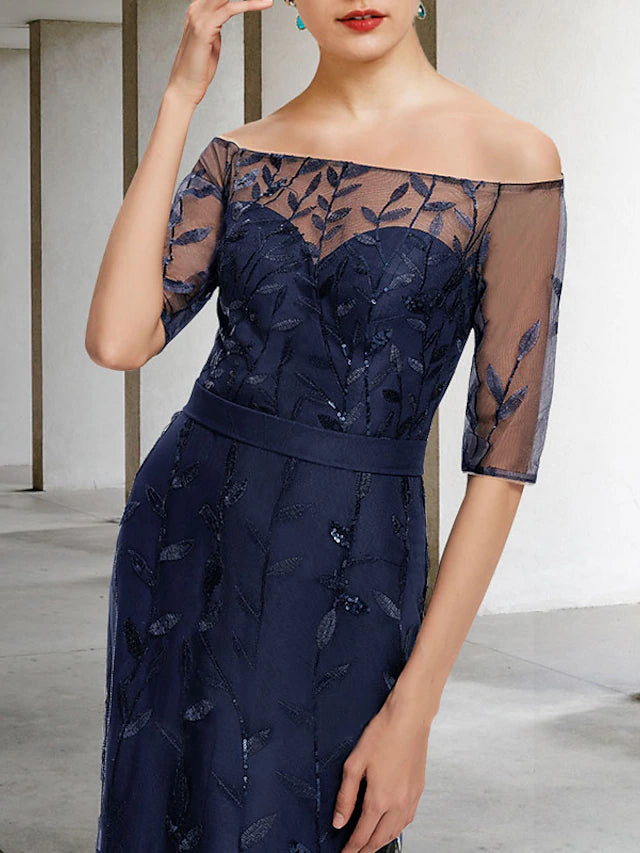 Luolandi A-Line Mother of the Bride Dress Elegant Sparkle & Shine Off Shoulder Floor Length Lace Tulle Half Sleeve with Appliques