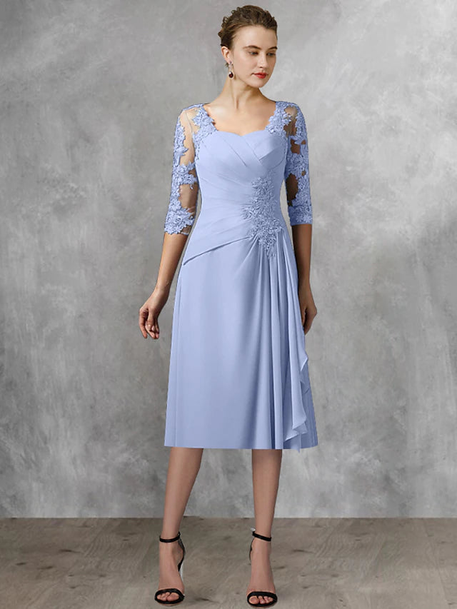 Luolandi Two Piece A-Line Mother of the Bride Dress Wedding Guest Elegant Square Neck Tea Length Chiffon Lace Half Sleeve Wrap Included with Appliques