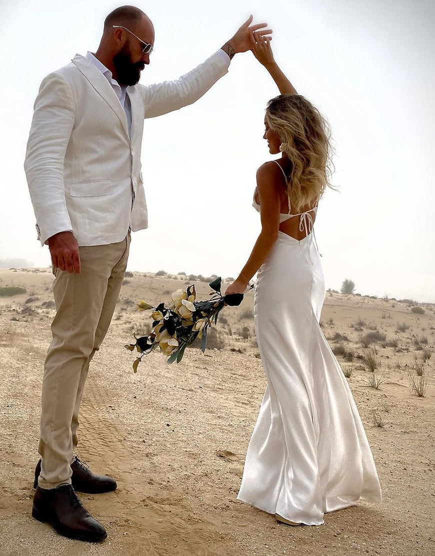 Luolandi Simple Cowl Neck Beach Wedding Dress Floor Length Pure Color Ivory Sexy