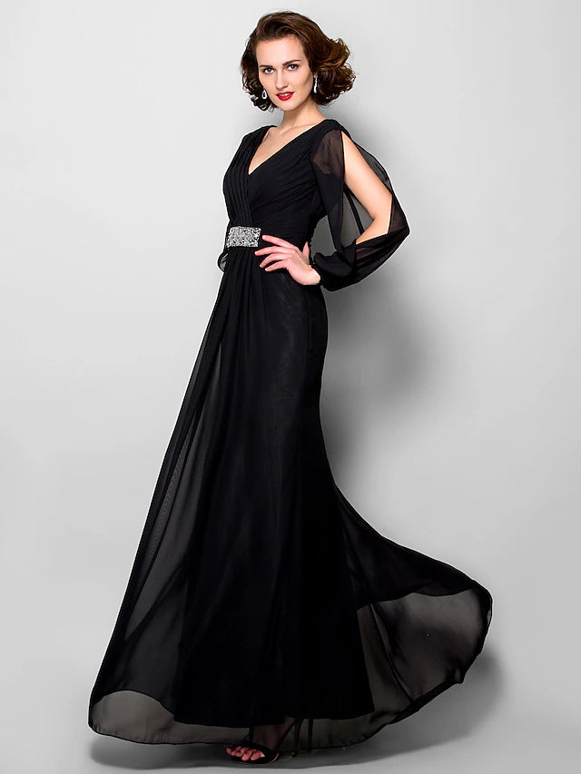 Luolandi A-Line Mother of the Bride Dress Open Back V Neck Floor Length Chiffon Long Sleeve