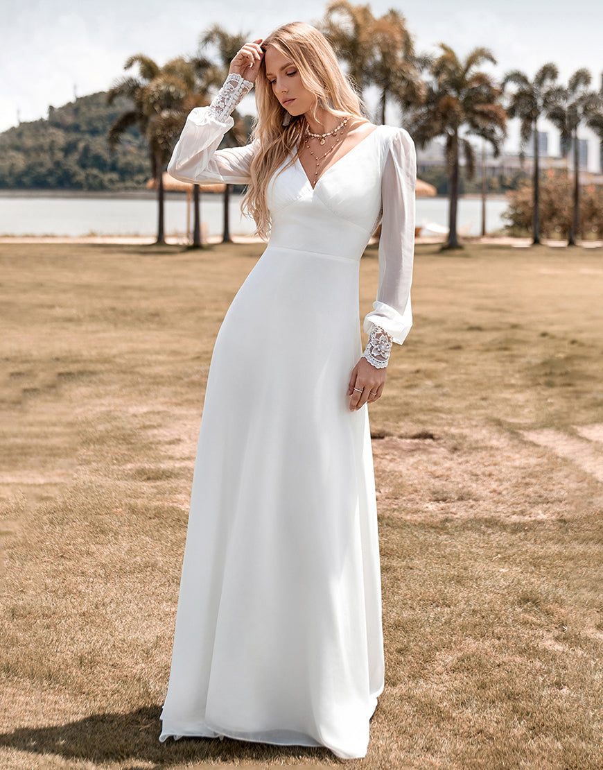 Luolandi Ivory Boho Simple Sheath Long Sleeves Wedding Dress with Lace V-neck Floor Length