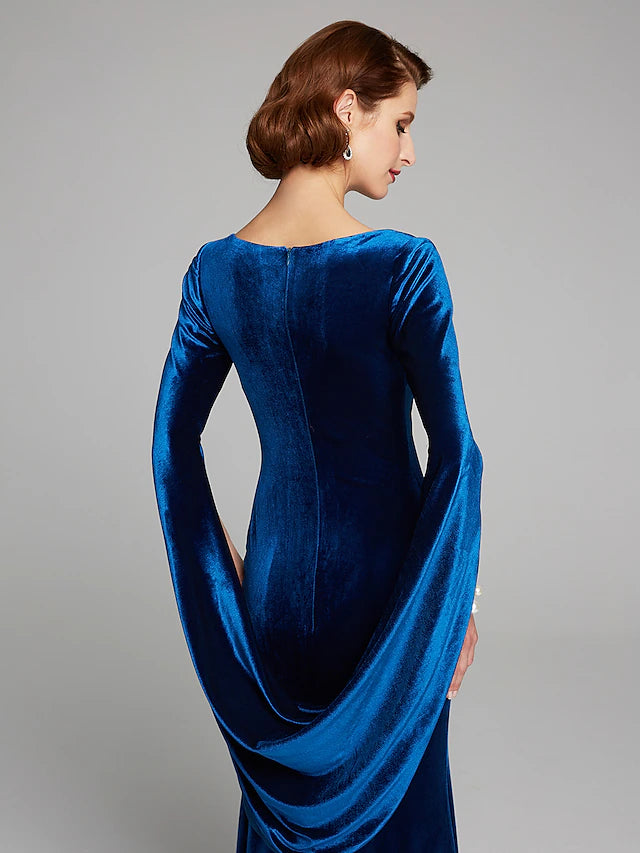 Luolandi Mermaid / Trumpet Mother of the Bride Dress Vintage Plus Size Sexy Scoop Neck Sweep / Brush Train Velvet Long Sleeve