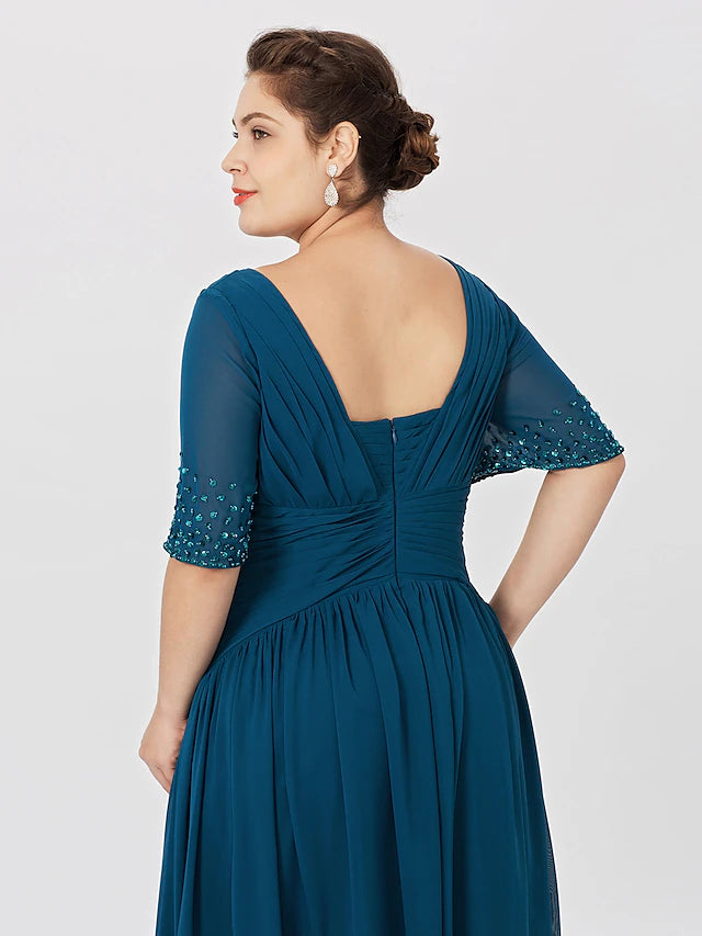 Luolandi Ball Gown A-Line Mother of the Bride Dress Formal Classic & Timeless Elegant & Luxurious Plus Size Square Neck Floor Length Chiffon Short Sleeve No with Pleats