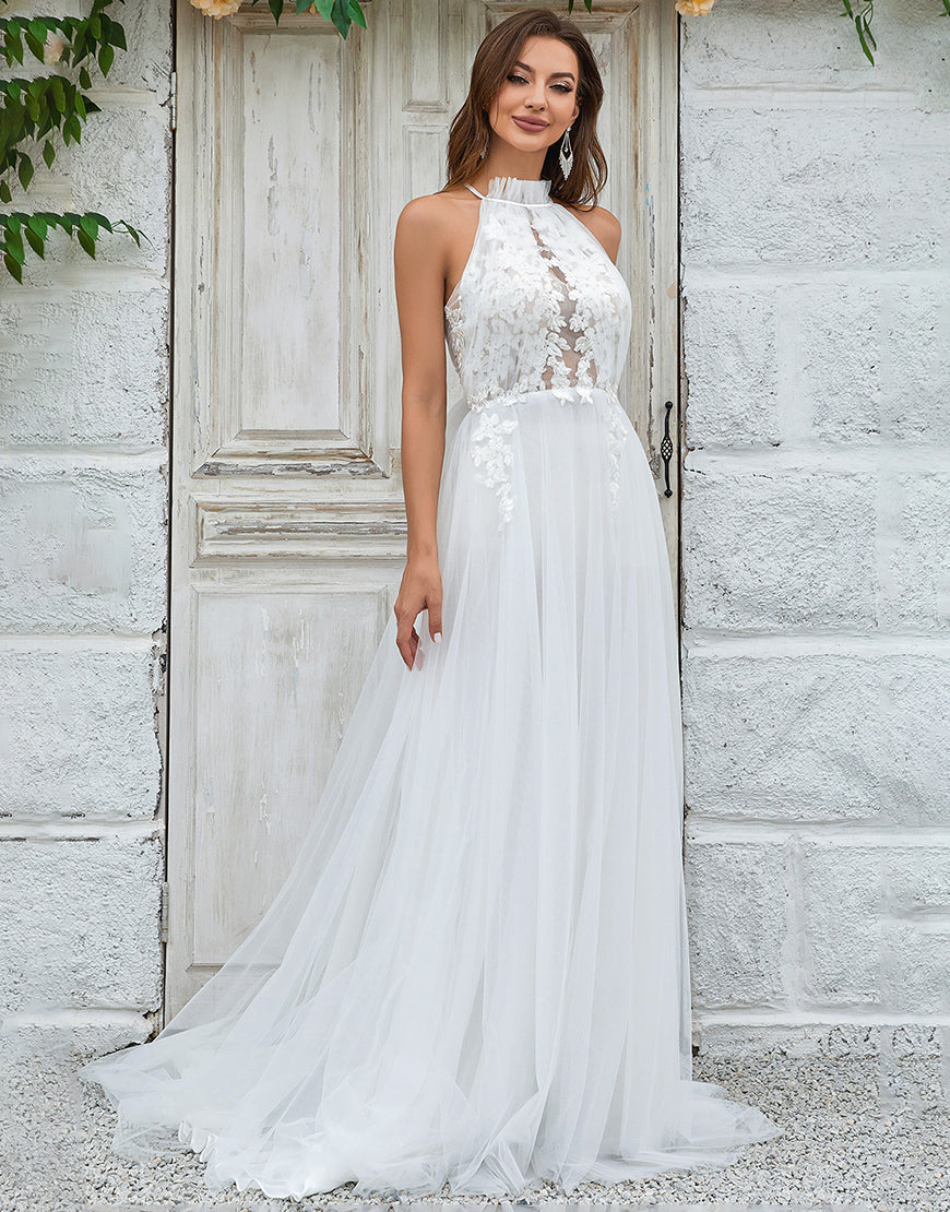 Luolandi Ivory Open Back Tulle Sweep Train Wedding Dress with Lace Beautiful