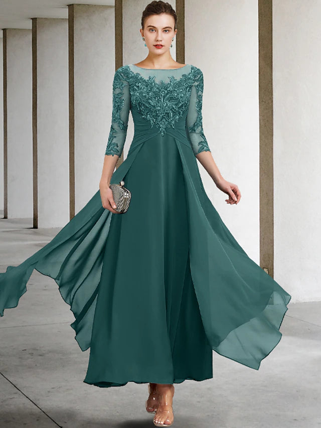 Luolandi A-Line Mother of the Bride Dress Wedding Guest Plus Size Elegant Jewel Neck Ankle Length Chiffon Lace 3/4 Length Sleeve with Ruched Sequin