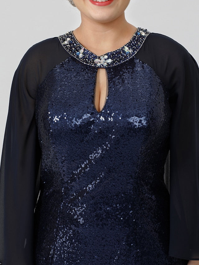 Luolandi Mermaid / Trumpet Mother of the Bride Dress Formal Chic & Modern Glamorous & Dramatic Plus Size Jewel Neck Floor Length Chiffon Sequined 3/4 Length Sleeve No with Crystals