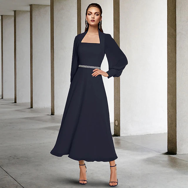 Luolandi Two Piece A-Line Mother of the Bride Dress Church Elegant Square Neck Tea Length Chiffon Short Sleeve Wrap Included with Sash