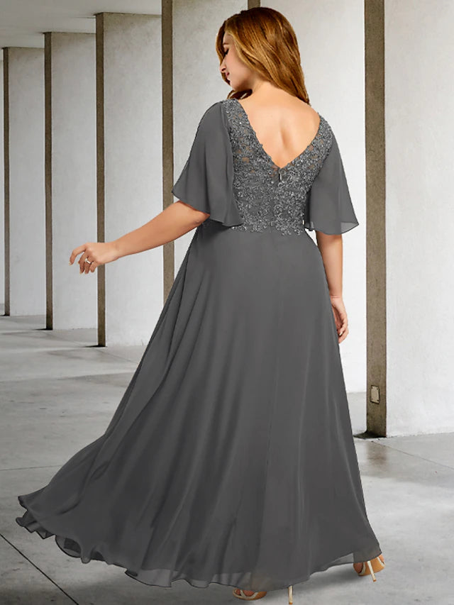 Luolandi A-Line Plus Size Curve Mother of the Bride Dresses Elegant Dress Formal Floor Length Short Sleeve V Neck Chiffon with Pleats