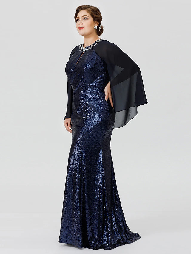 Luolandi Mermaid / Trumpet Mother of the Bride Dress Formal Chic & Modern Glamorous & Dramatic Plus Size Jewel Neck Floor Length Chiffon Sequined 3/4 Length Sleeve No with Crystals