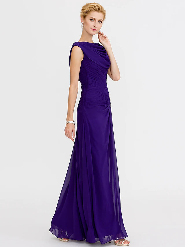 Luolandi Sheath / Column Mother of the Bride Dress Color Block Lace Up Cowl Neck Ankle Length Chiffon Charmeuse Sleeveless with Beading