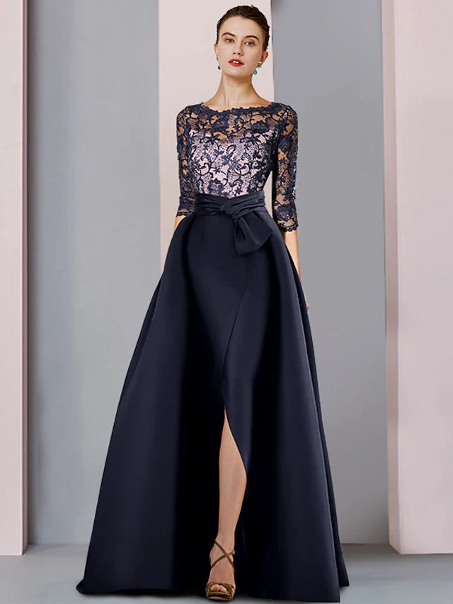 Luolandi Sheath / Column Mother of the Bride Dress Formal Party Elegant Scoop Neck Sweep / Brush Train Satin Lace Half Sleeve with Bow(s)