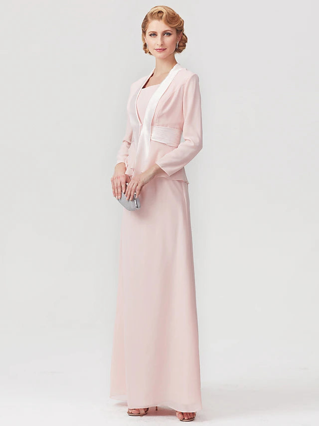 Luolandi Two Piece A-Line Mother of the Bride Dress Elegant Square Neck Floor Length Chiffon Charmeuse Sleeveless Wrap Included