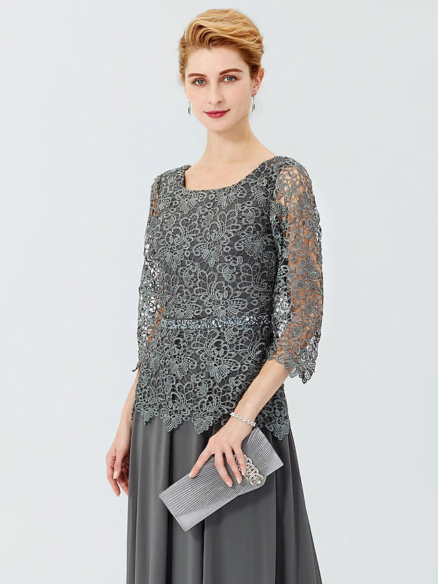 Luolandi Ball Gown A-Line Mother of the Bride Dress Formal Classic & Timeless Elegant & Luxurious Elegant Scoop Neck Floor Length Chiffon Corded Lace 3/4 Length Sleeve with Beading