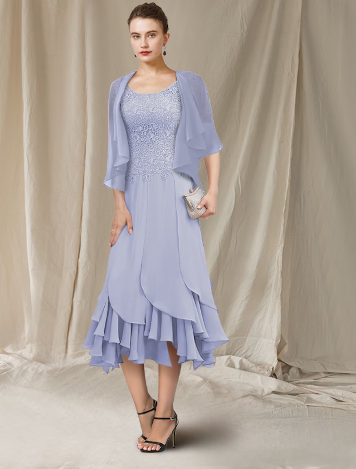 Luolandi Mermaid / Trumpet Mother of the Bride Dress Elegant High Low Jewel Neck Asymmetrical Tea Length Chiffon Lace Short Sleeve Wrap Included with Lace