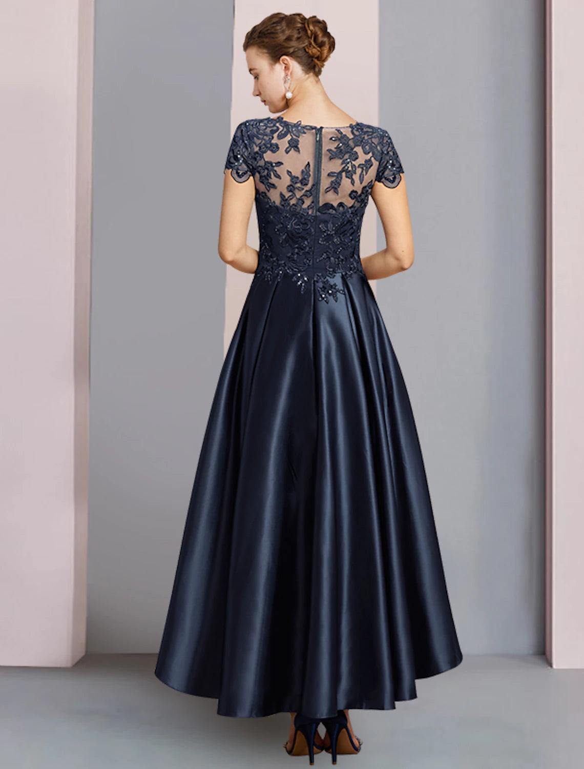 Luolandi A-Line Mother of the Bride Dress Formal Wedding Guest Party Elegant High Low Scoop Neck Asymmetrical Tea Length Satin Lace Half Sleeve with Sequin