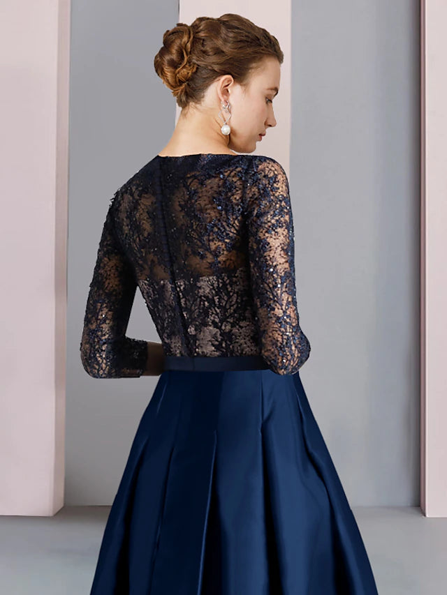 Luolandi A-Line Mother of the Bride Dress Formal Wedding Guest Party Elegant V Neck Tea Length Satin Lace Half Sleeve with Bow(s)