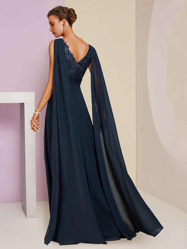 Luolandi Sheath / Column Mother of the Bride Dress Formal Party Elegant V Neck Floor Length Chiffon Lace Sleeveless with Pleats