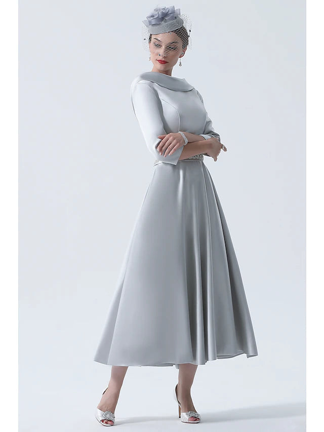 Luolandi A-Line Mother of the Bride Dress Wedding Guest Vintage Plus Size Elegant Bateau Neck Tea Length Satin 3/4 Length Sleeve