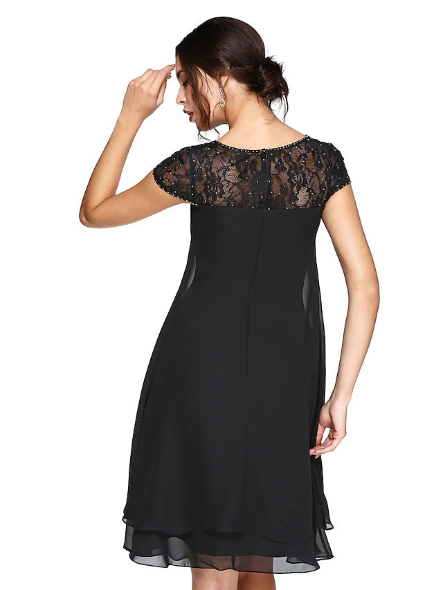 Luolandi A-Line Mother of the Bride Dress Plus Size Elegant Illusion Neck Knee Length Chiffon Lace Short Sleeve