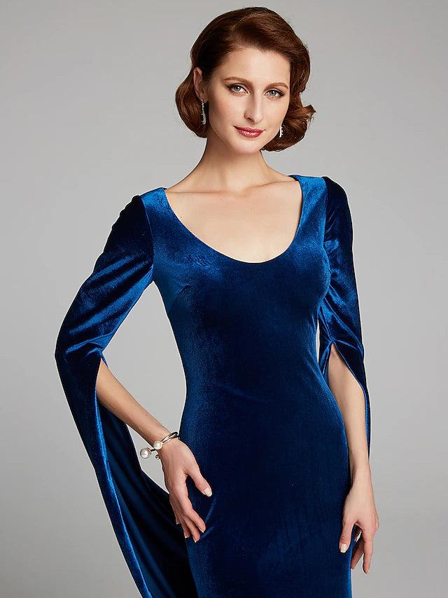 Luolandi Mermaid / Trumpet Mother of the Bride Dress Vintage Plus Size Sexy Scoop Neck Sweep / Brush Train Velvet Long Sleeve
