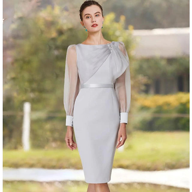 Luolandi Sheath / Column Mother of the Bride Dress Elegant Jewel Neck Knee Length Organza Chiffon Long Sleeve