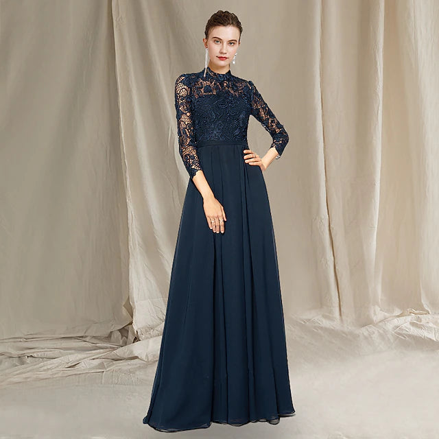 Luolandi A-Line Mother of the Bride Dress Elegant High Neck Floor Length Chiffon Lace Short Sleeve