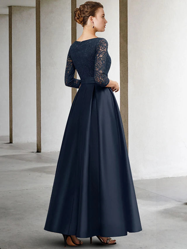 Luolandi A-Line Mother of the Bride Dress Plus Size Elegant V Neck Ankle Length Satin Lace 3/4 Length Sleeve with Pleats
