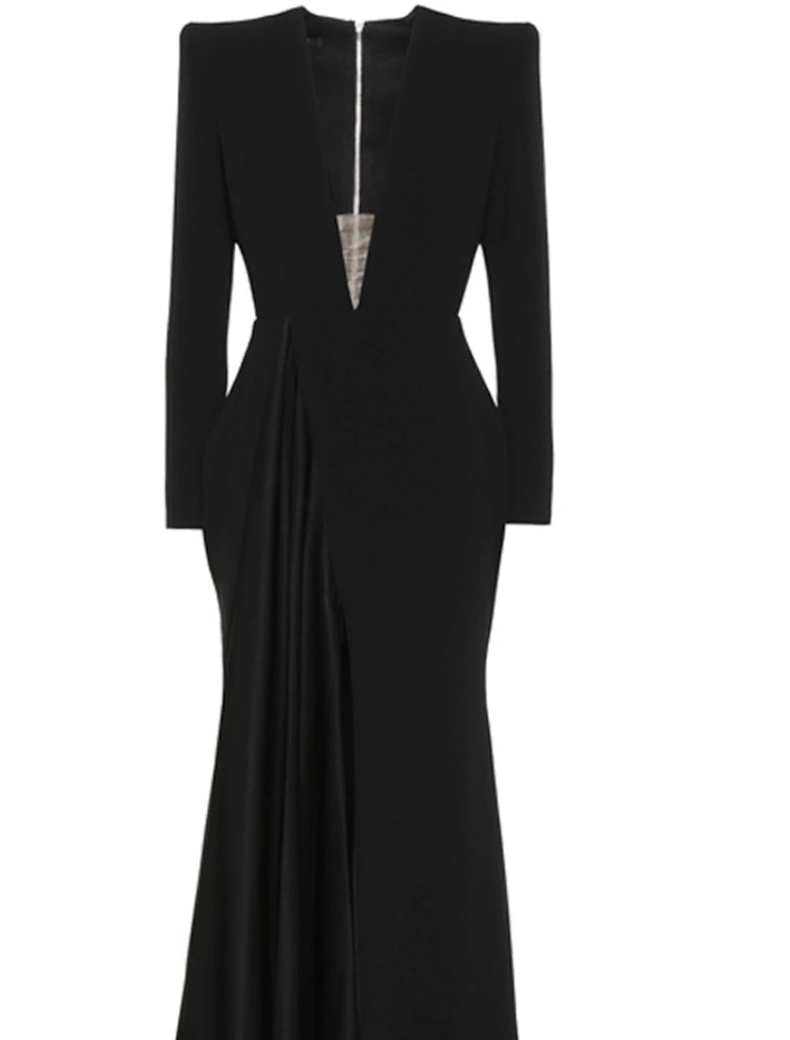 Luolandi A-Line Evening Gown Elegant Black Champagne Dress Plus Size Dress Formal Sweep / Brush Train Long Sleeve V Neck Fabric with Pleats