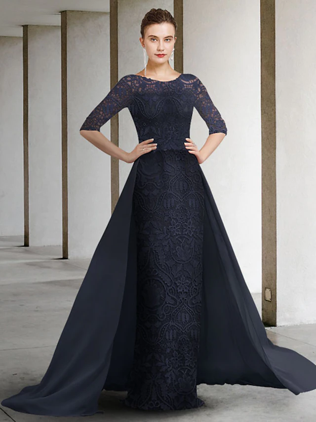 Luolandi A-Line Mother of the Bride Dress Elegant Jewel Neck Chiffon Lace Half Sleeve with Pleats Dark Navy