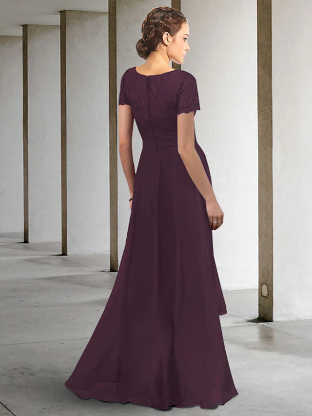 Luolandi A-Line Mother of the Bride Dress Elegant High Low V Neck Asymmetrical Floor Length Chiffon Short Sleeve with Pleats