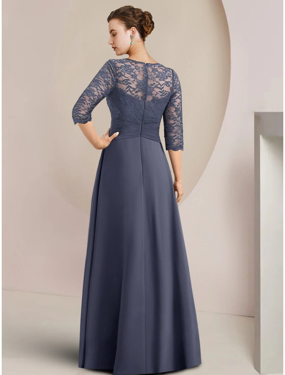 Luolandi A-Line Mother of the Bride Dress Wedding Guest Elegant Jewel Neck Asymmetrical Chiffon Half Sleeve with Lace Crystal Brooch