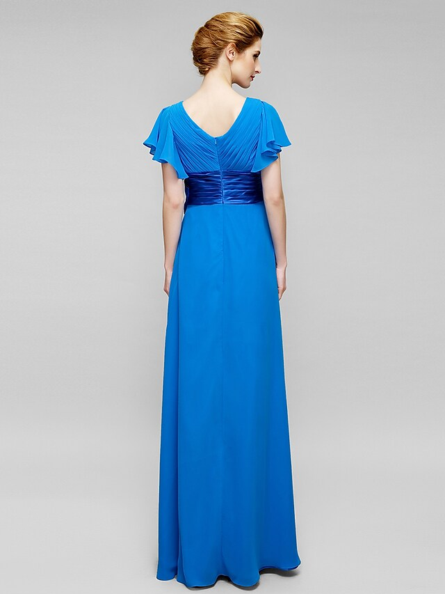 Luolandi Mother of the Bride Dress Elegant V Neck Floor Length Chiffon Short Sleeve with Crystals