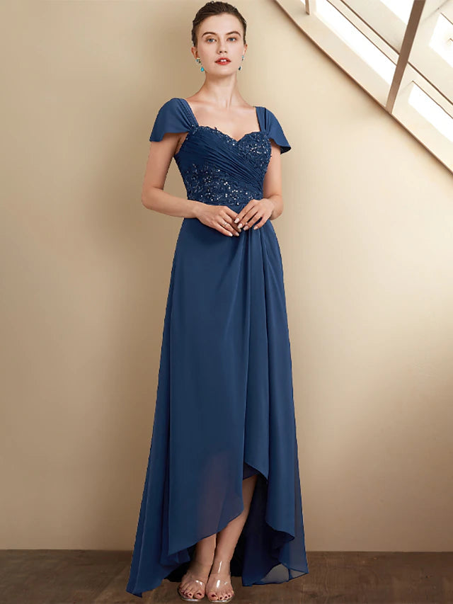Luolandi A-Line Mother of the Bride Dress Elegant High Low Square Neck Asymmetrical Tea Length Chiffon Lace Cap Sleeve Wrap Included with Sequin Appliques