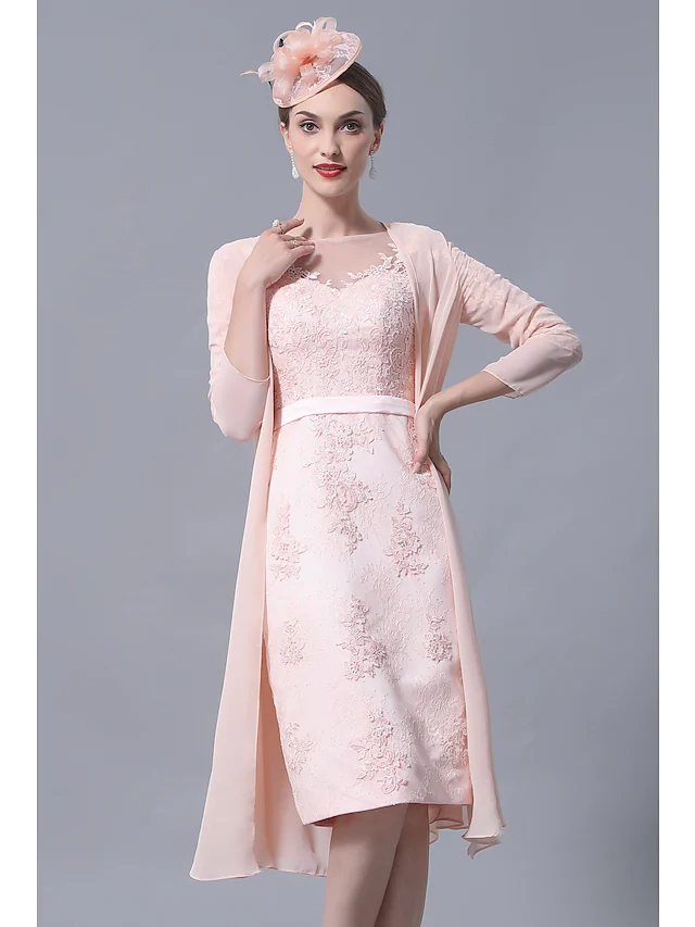 Luolandi Mother of the Bride Dress Plus Size Elegant Vintage Bateau Neck Knee Length Chiffon Lace 3/4 Length Sleeve