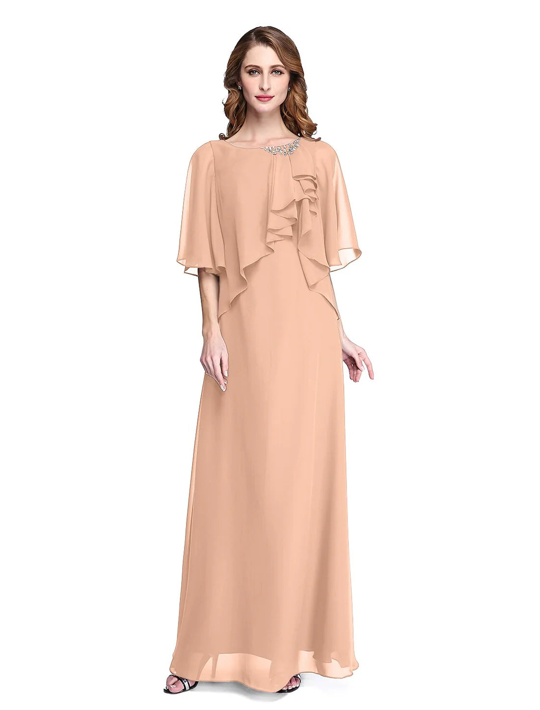 Luolandi Sheath / Column Mother of the Bride Dress Elegant Open Back Jewel Neck Floor Length Chiffon Half Sleeve with Pleats Beading