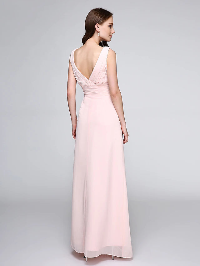 Luolandi Sheath / Column Bridesmaid Dress V Neck Sleeveless Elegant Floor Length Chiffon with Criss Cross