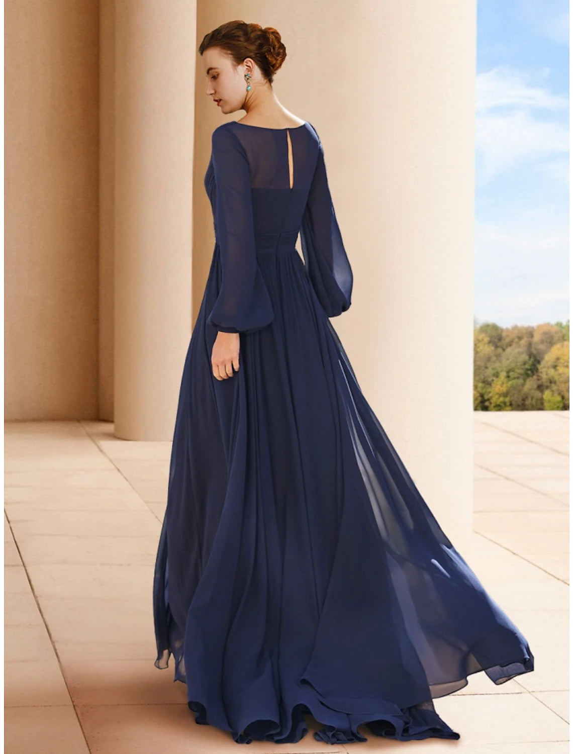 Luolandi A-Line Mother of the Bride Dress Wedding Guest Elegant V Neck Floor Length Chiffon Long Sleeve with Ruching