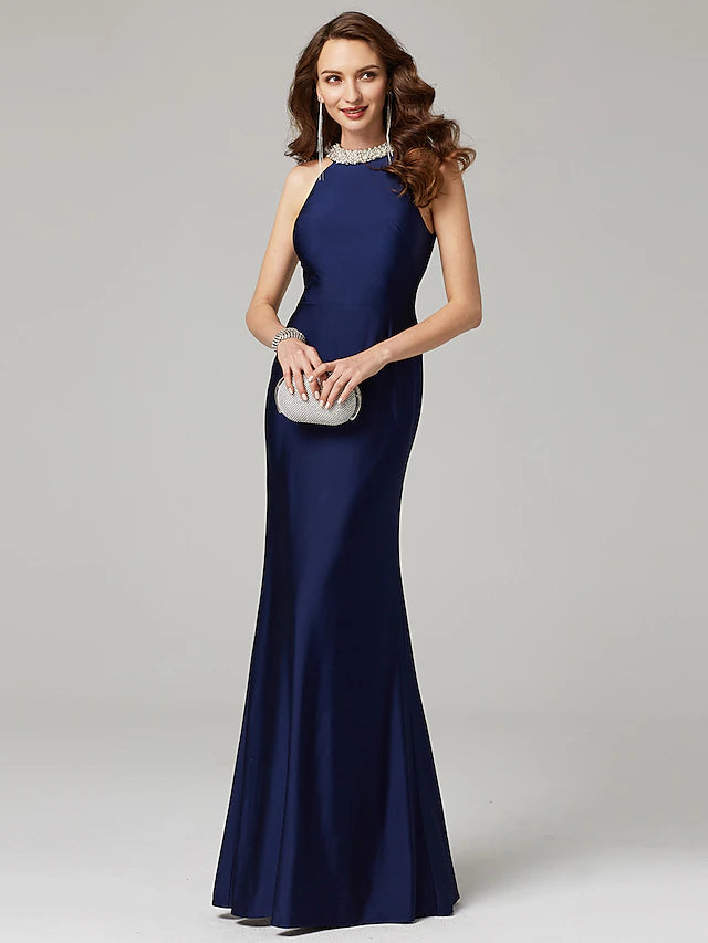 Luolandi Sheath / Column Mother of the Bride Dress Elegant Sexy Jewel Neck Floor Length Charmeuse Sleeveless