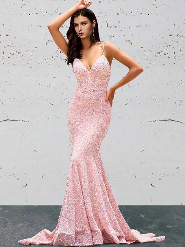 Luolandi Mermaid / Trumpet Prom Dresses Open Back Dress Prom Sweep / Brush Train Sleeveless Sweetheart Sequined Backless