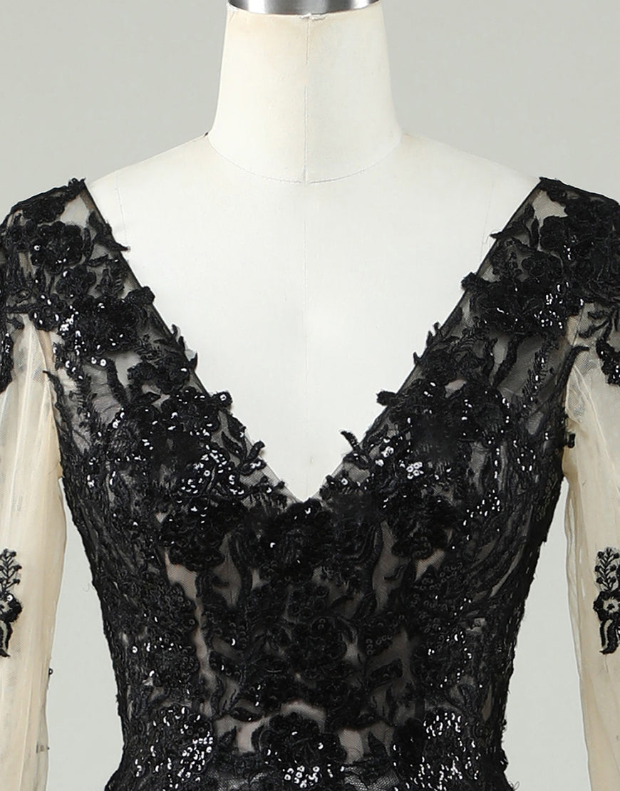Luolandi Black V Neck Long Sleeves Sequins Wedding Dress With Appliques Sexy