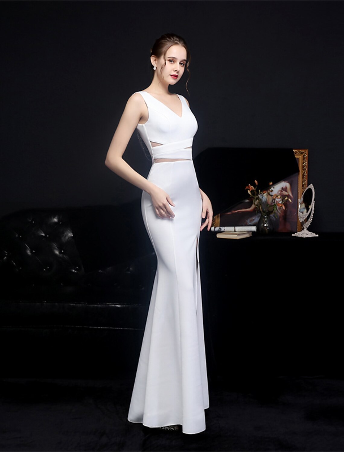 Mermaid / Trumpet Prom Dresses Elegant Dress Formal Wedding Guest Floor Length Sleeveless V Neck Polyester