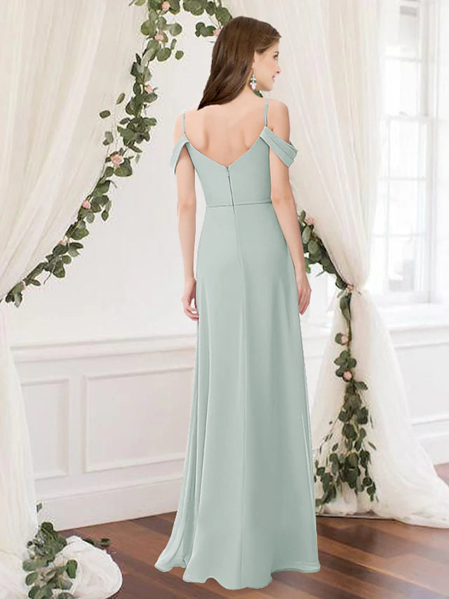 Luolandi A-Line Bridesmaid Dress V Neck Sleeveless Elegant Floor Length Chiffon with Pleats / Split