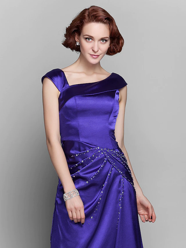 Luolandi Mother of the Bride Dress Elegant Off Shoulder Floor Length Satin Sleeveless with Beading