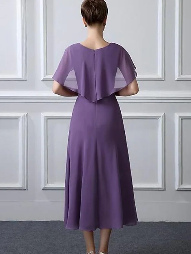 Luolandi A-Line Mother of the Bride Dress Plus Size Bateau Neck Tea Length Chiffon Short Sleeve with Ruffles Crystal Brooch Ruching Tahiti